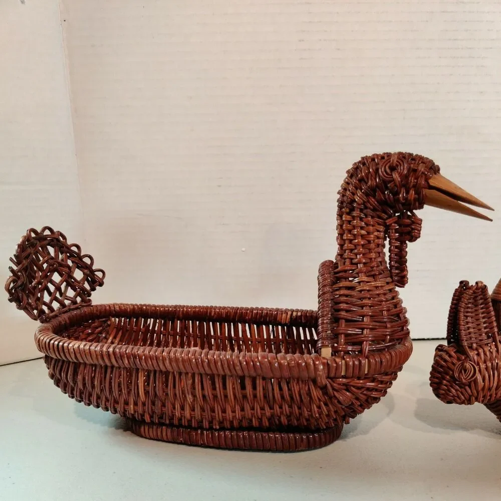 (2) VTG Rattan Wicker Woven Duck Turkey Goose Basket Wooden Beak & Small Rabbit